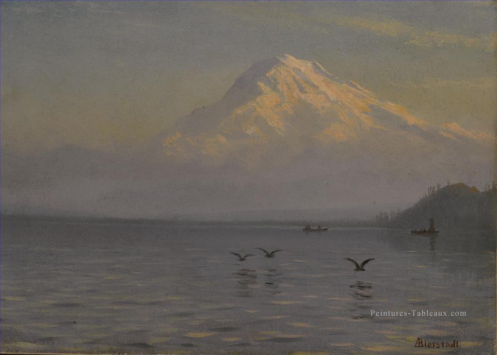 VUE MOUNT RAINIER WITH FISHERMEN American Albert Bierstadt lake landscape Peintures à l'huile